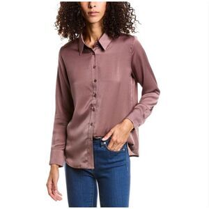 Dress Forum Button Down Blouse Dull Satin Slim Shirt Purple Brown Size Medium